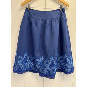Garnet Hill Embroidered Skirt Women Size 6 Blue Floral Boho Peasant Cottage Chic